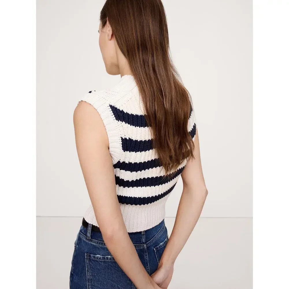 Banana Republic Cotton Cropped Sweater Vest Navy Blue Cream Stripe Size Medium - Picture 2 of 8